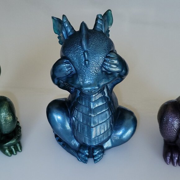 DRAGON TRIO Resin Figurines green blue purple NEW Hear See Speak No Evil Decor - Picture 2 of 6